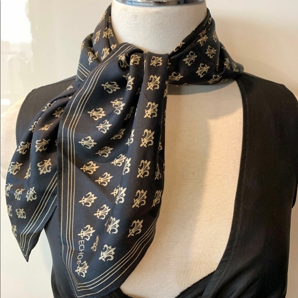 ECHO Vintage Silk Twill Black, Fleur de Lis SCARF 26" X 26" Handroll Hems - Picture 2 of 5
